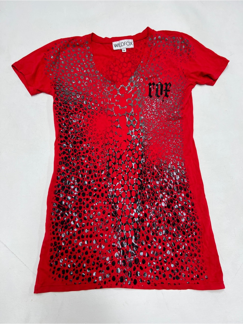 Wildfox Red Metallic Foil Animal Print V-Neck Graphic Tee M